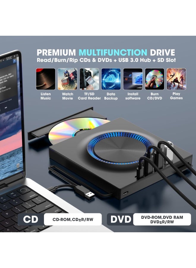 كيلا مشغل أقراص CD DVD خارجي للكمبيوتر المحمول USB-C ناسخ أقراص CD/DVD +/-RW قارئ كاتب محرك أقراص محمول مع منفذ USB 3.0 وفتحة بطاقة SD لأجهزة Apple Mac و Windows 11/10/8/7 و Linux PC والكمبيوتر المحمول - Image 3